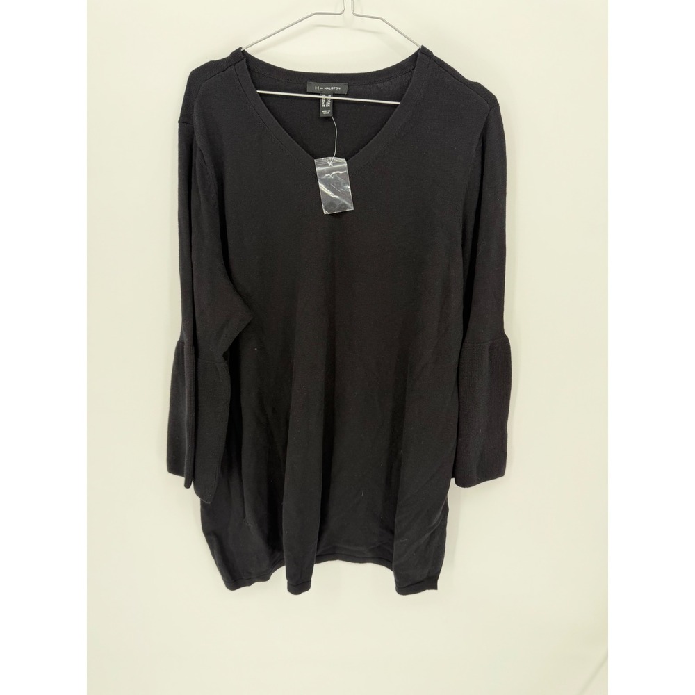 H by Halston Womens Sweater V-Neck Bell Sleeve Black 1X NWT